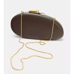 Zara NWT brown clutch bag irregular oval asymmetrical removable gold chain strap